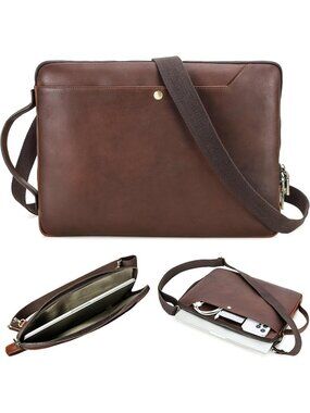 Handmade Top Grain Leather Slim Laptop Bag, 14.2", Adjustable Strap, 2 Pockets